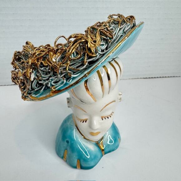Vintage Lady Head Vase Turquoise Collectible - Picture 6 of 11